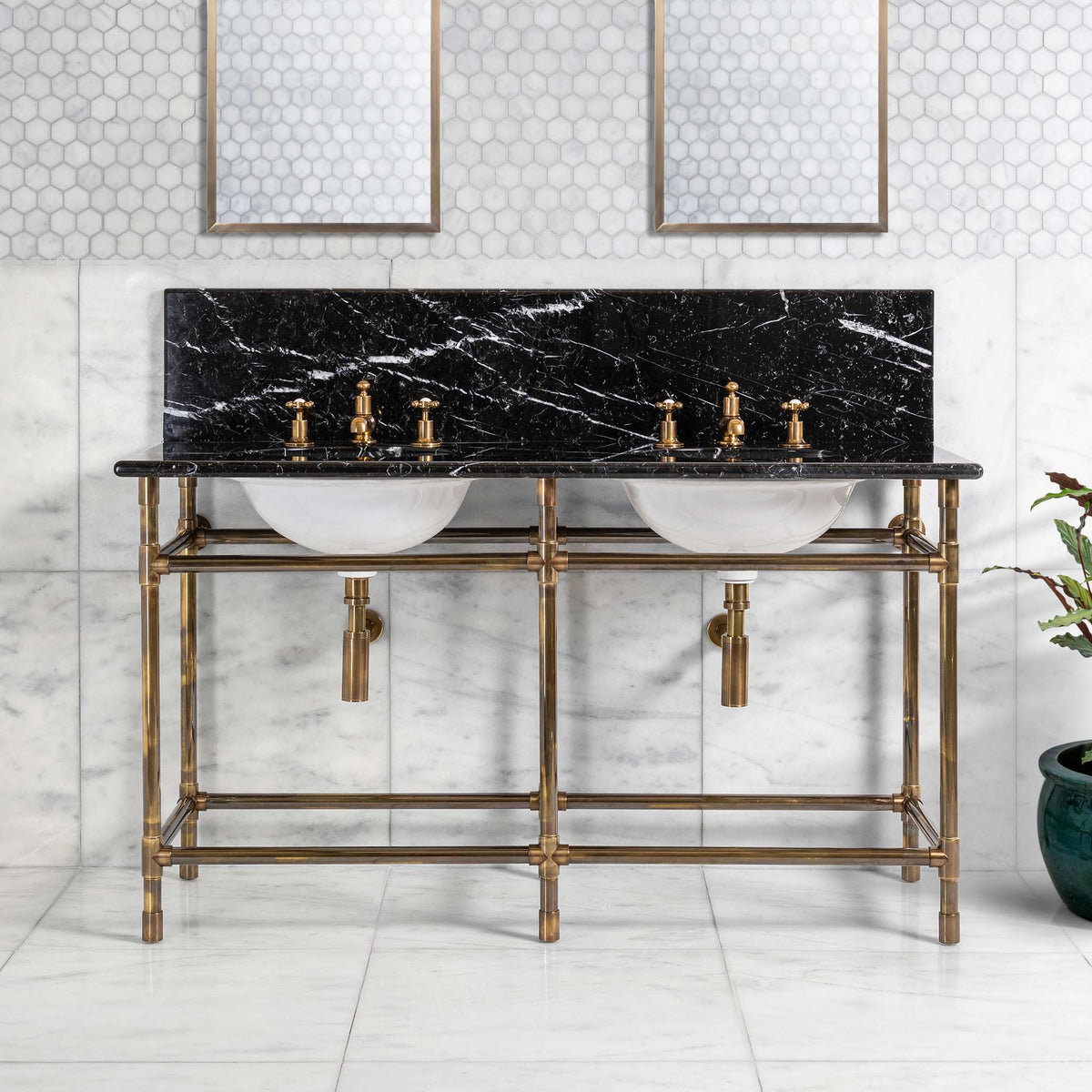 Camden Double Brass Console Bathroom Sink (Inc. Marble Top, Upstand & Sinks) - Rutland London (USA)