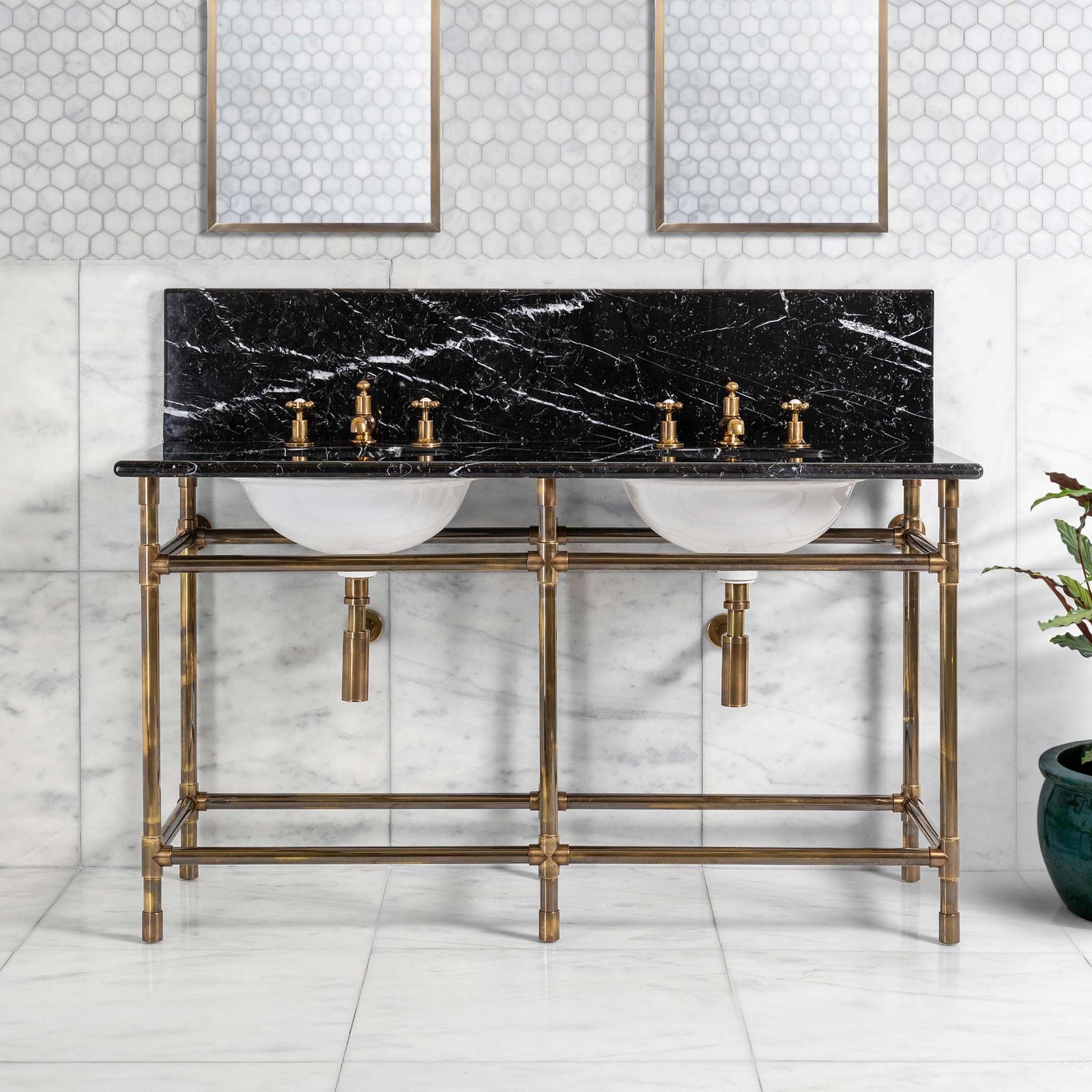 Camden Double Brass Console Bathroom Sink (Inc. Marble Top, Upstand & Sinks) - Rutland London (USA)