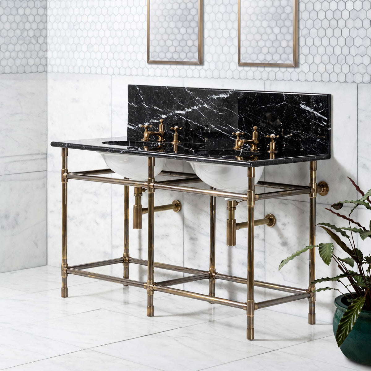 Camden Double Brass Console Bathroom Sink (Inc. Marble Top, Upstand & Sinks) - Rutland London (USA)