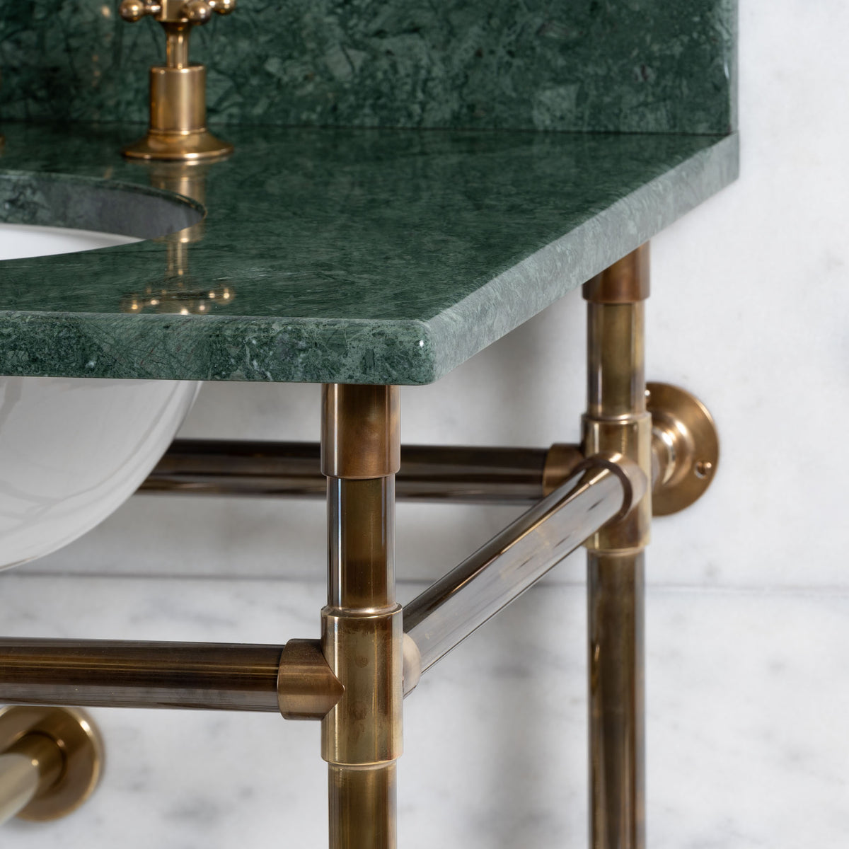 Trinity Double Brass Console Bathroom Sink (Inc. Marble Top, Upstand, Brass Rack & Sinks) - Rutland London (USA)