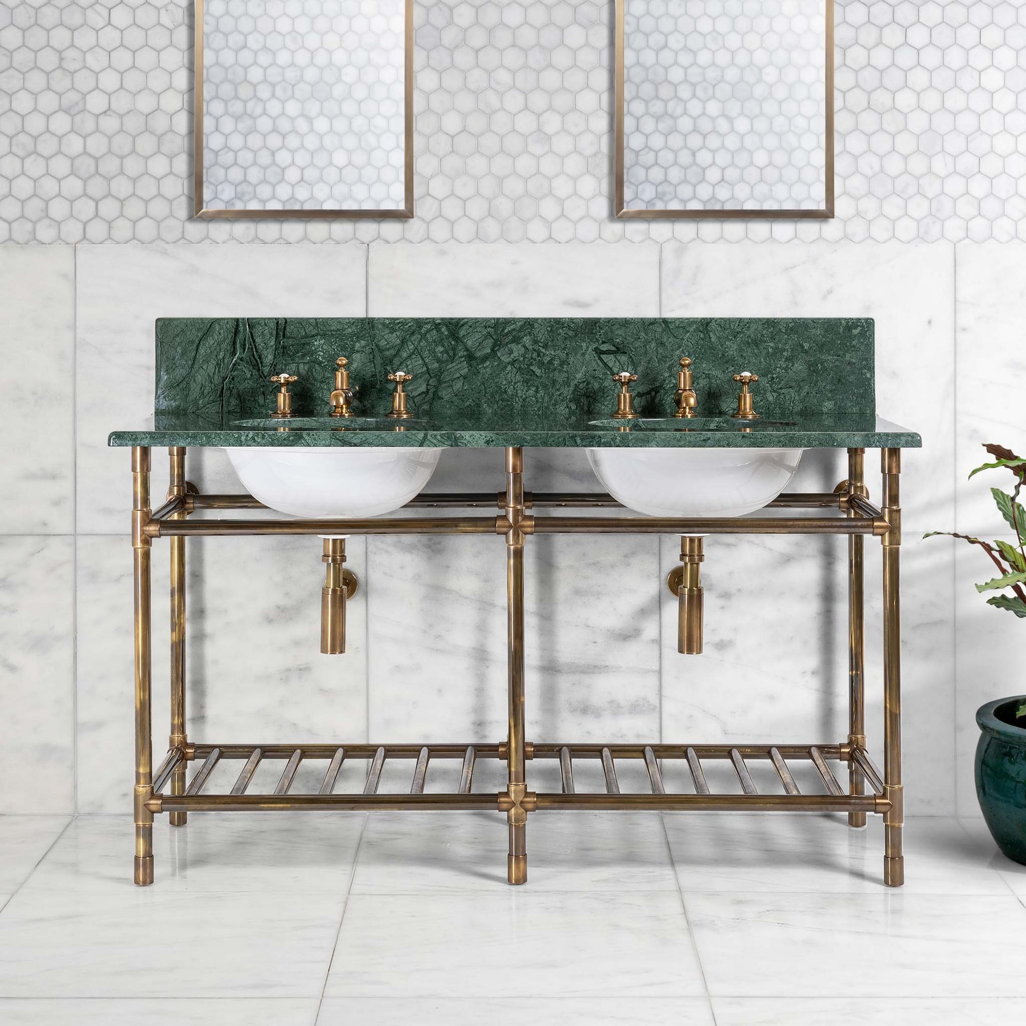 Trinity Double Brass Console Bathroom Sink (Inc. Marble Top, Upstand, Brass Rack & Sinks) - Rutland London (USA)