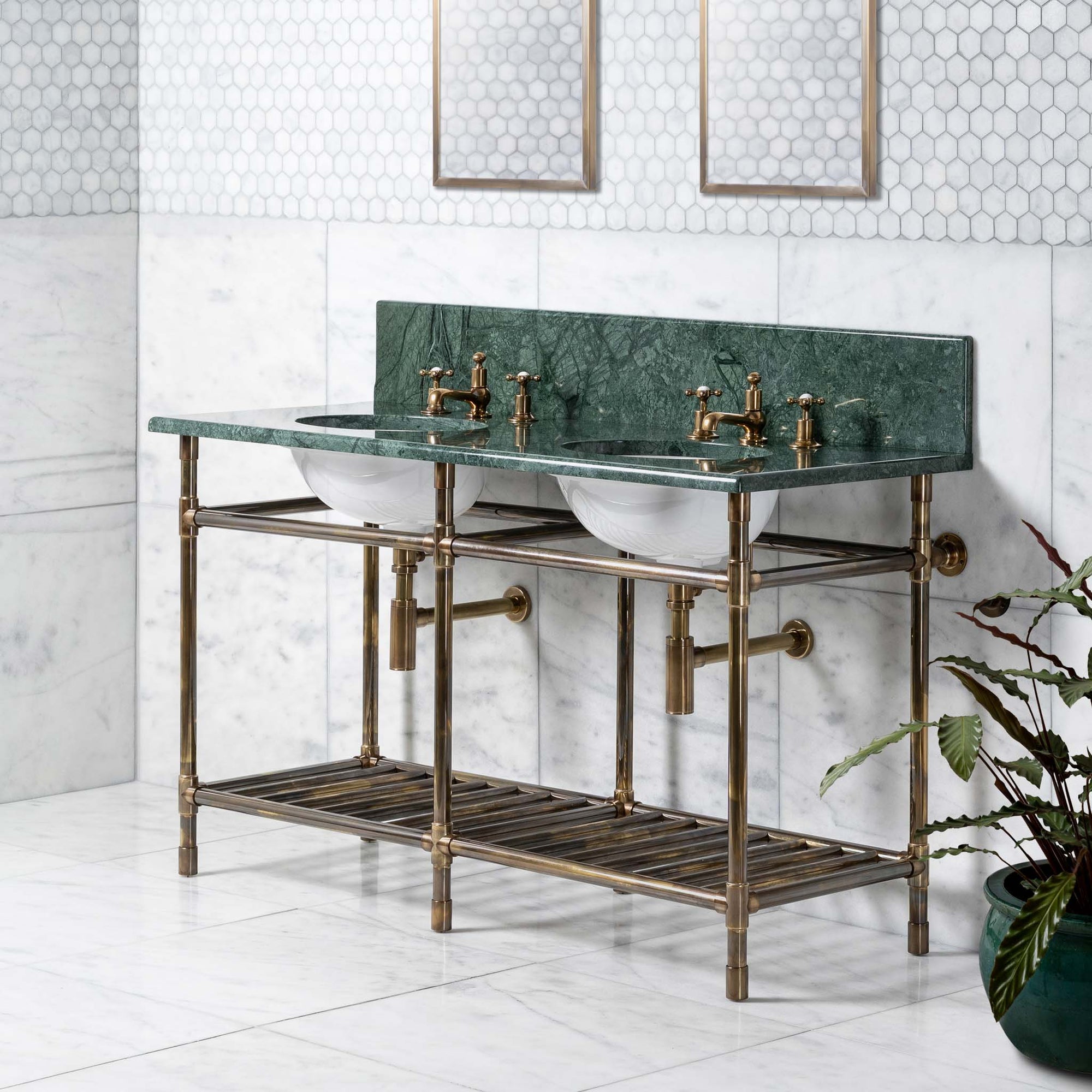 Trinity Double Brass Console Bathroom Sink (Inc. Marble Top, Upstand, Brass Rack & Sinks) - Rutland London (USA)