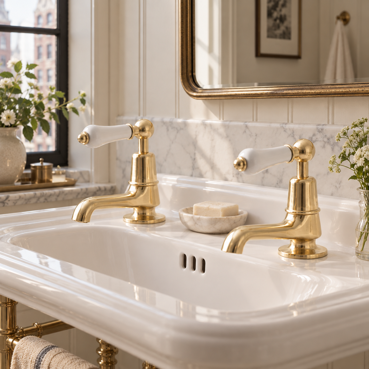 Tavistock Long Nose White Ceramic Lever Single Hole Pillar Tap Bathroom Sink Faucets (Pair) - Rutland London (USA)