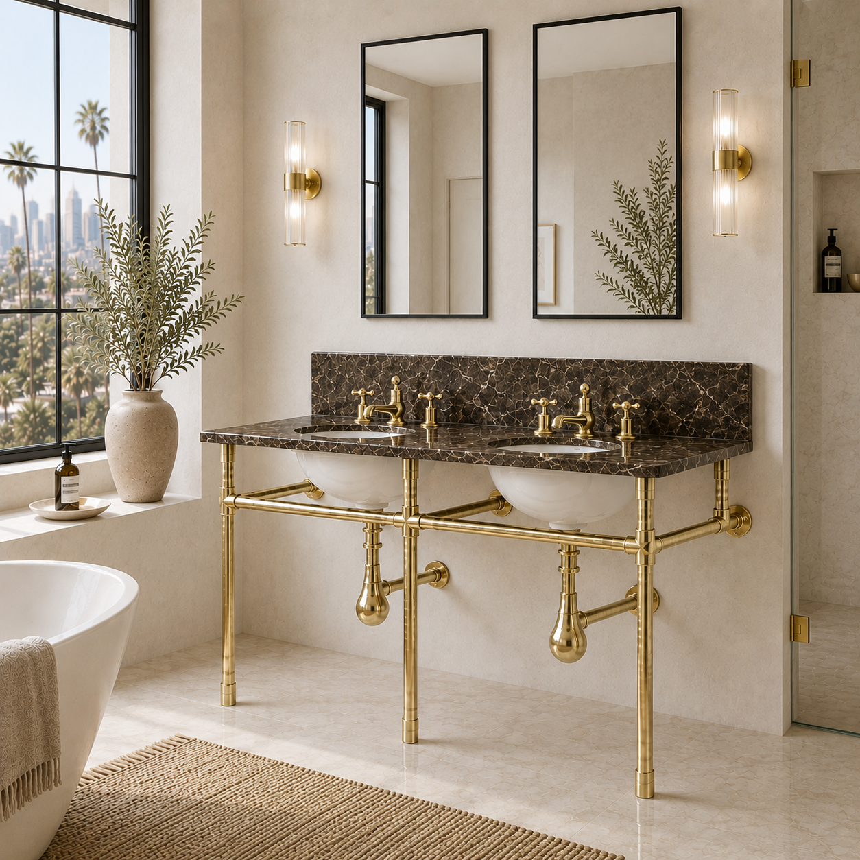 Thornhill Double Brass Console Bathroom Sink (Inc. Marble Top, Upstand & Sinks) - Rutland London (USA)