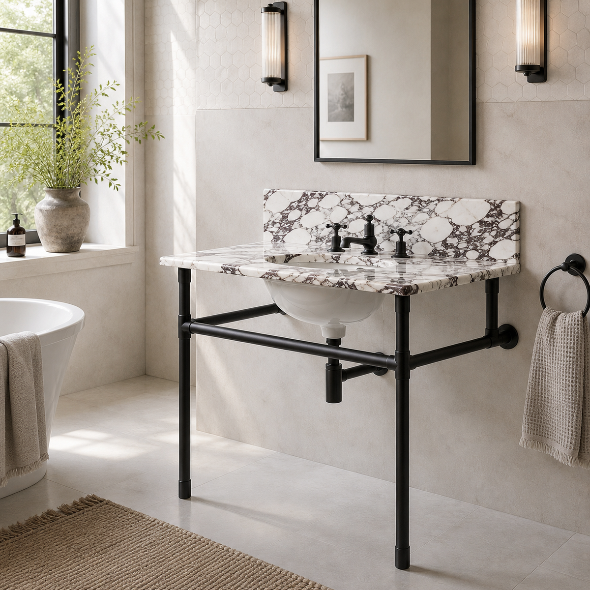 Thornhill Single Brass Console Bathroom Sink (Inc. Marble Top, Upstand & Sink) - Rutland London (USA)