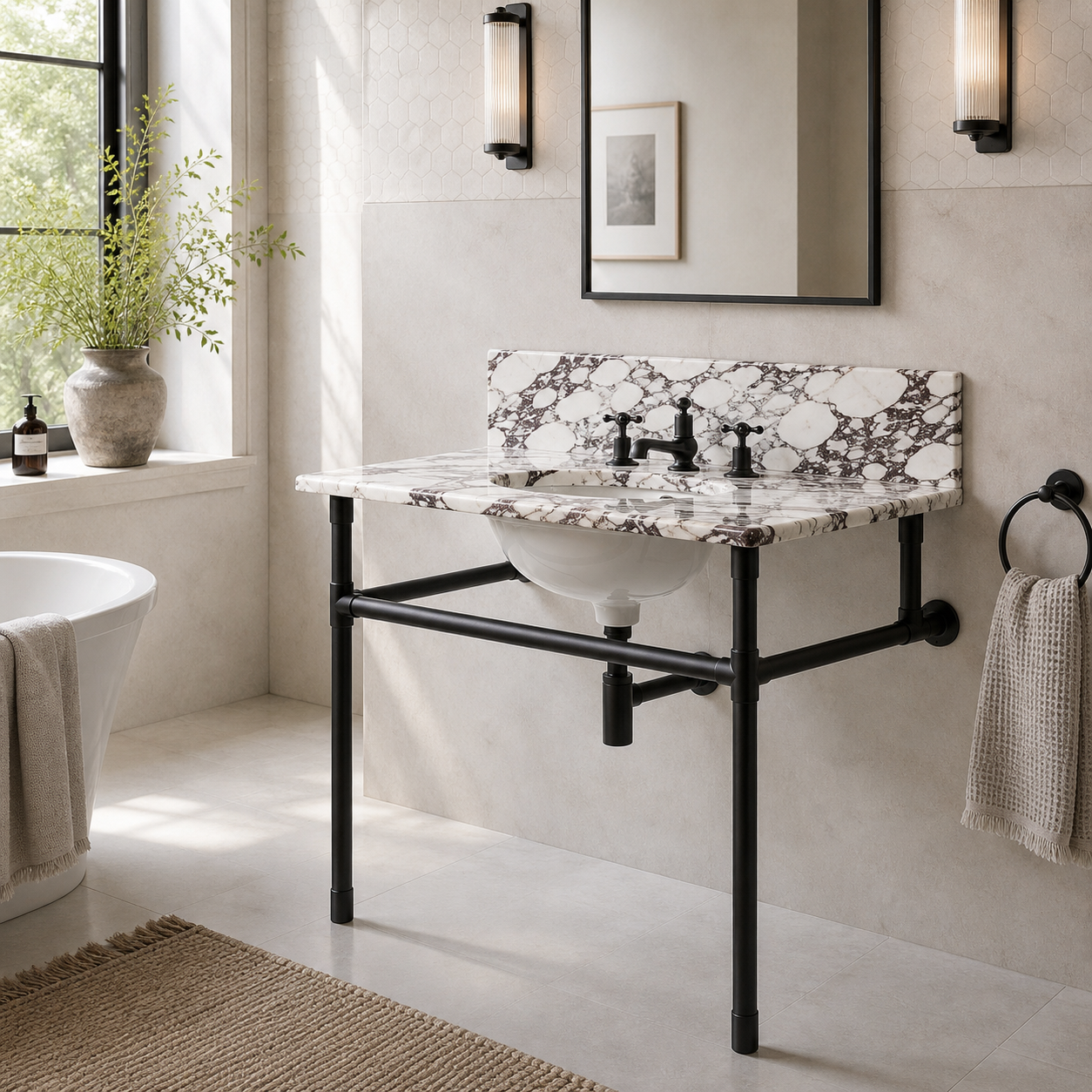 Thornhill Single Brass Console Bathroom Sink (Inc. Marble Top, Upstand & Sink) - Rutland London (USA)