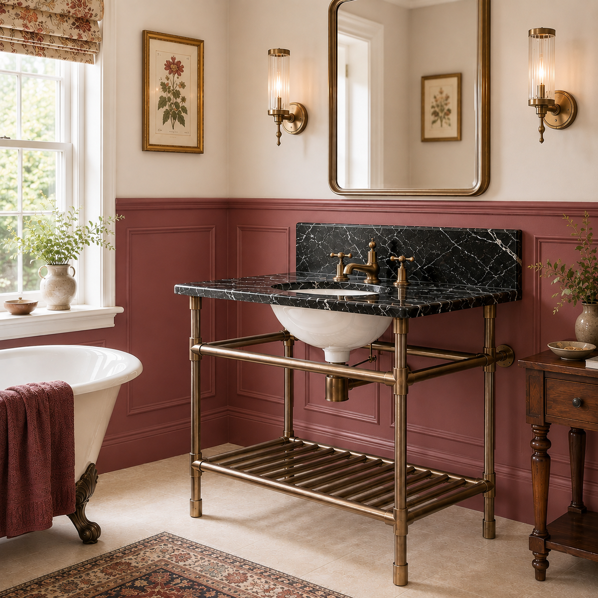 Trinity Single Brass Console Bathroom Sink (Inc. Marble Top, Upstand, Brass Rack & Sink) - Rutland London (USA)