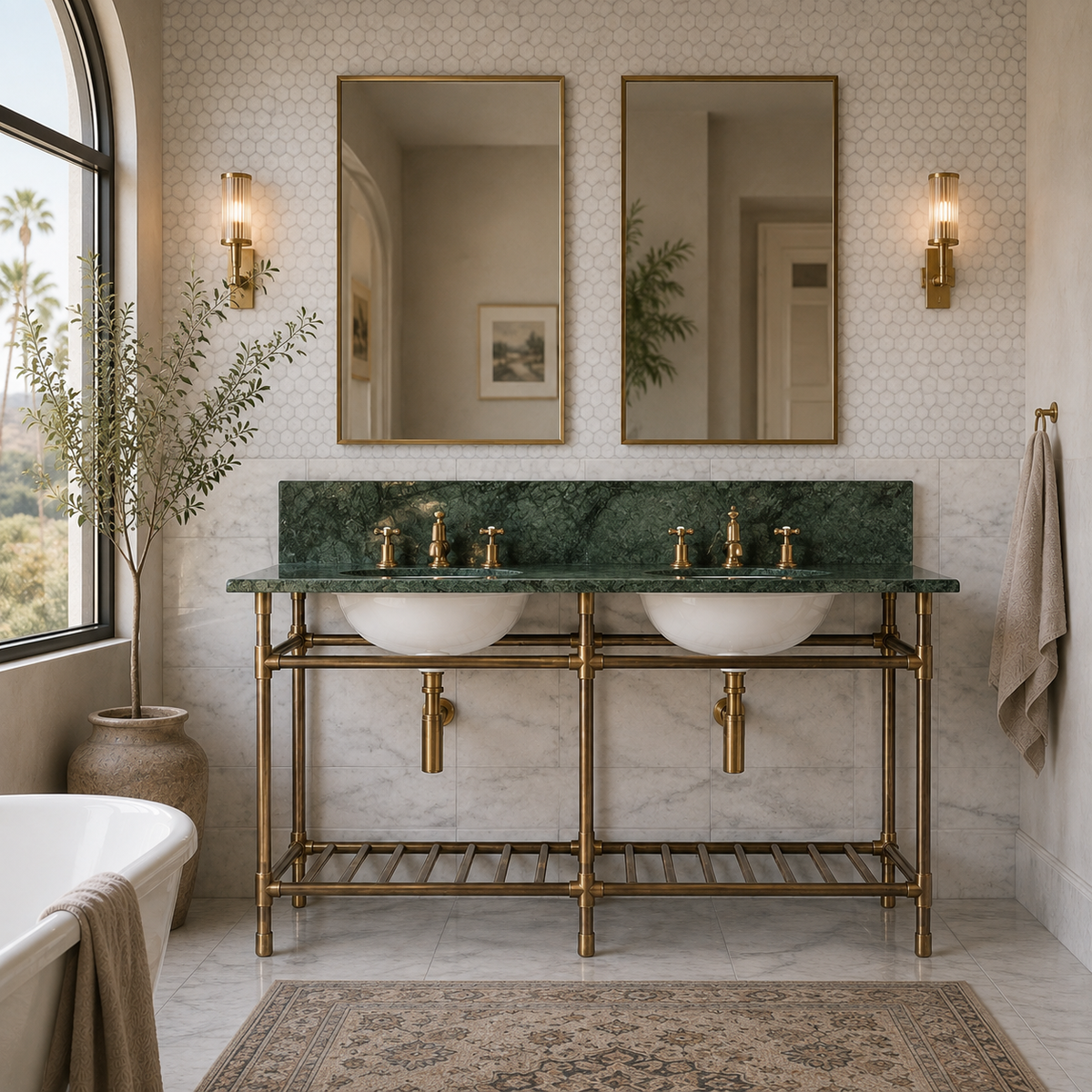 Trinity Double Brass Console Bathroom Sink (Inc. Marble Top, Upstand, Brass Rack & Sinks) - Rutland London (USA)