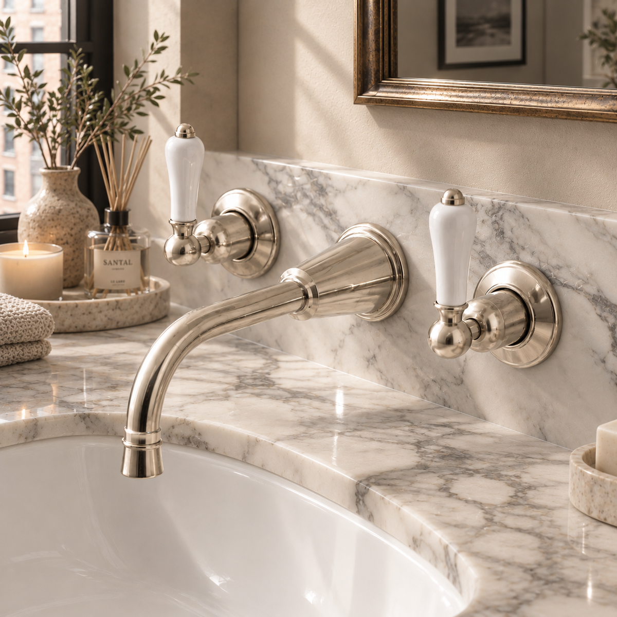 Uppingham White Ceramic Lever Wall Mount Three Hole Bathroom Sink Faucet - Rutland London (USA)