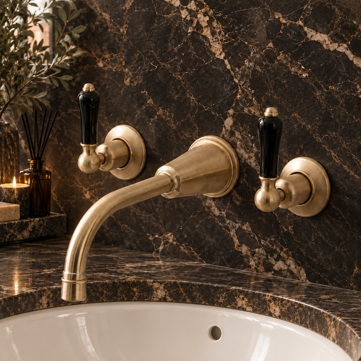 Uppingham Black Ceramic Lever Wall Mount Three Hole Bathroom Sink Faucet - Rutland London (USA)