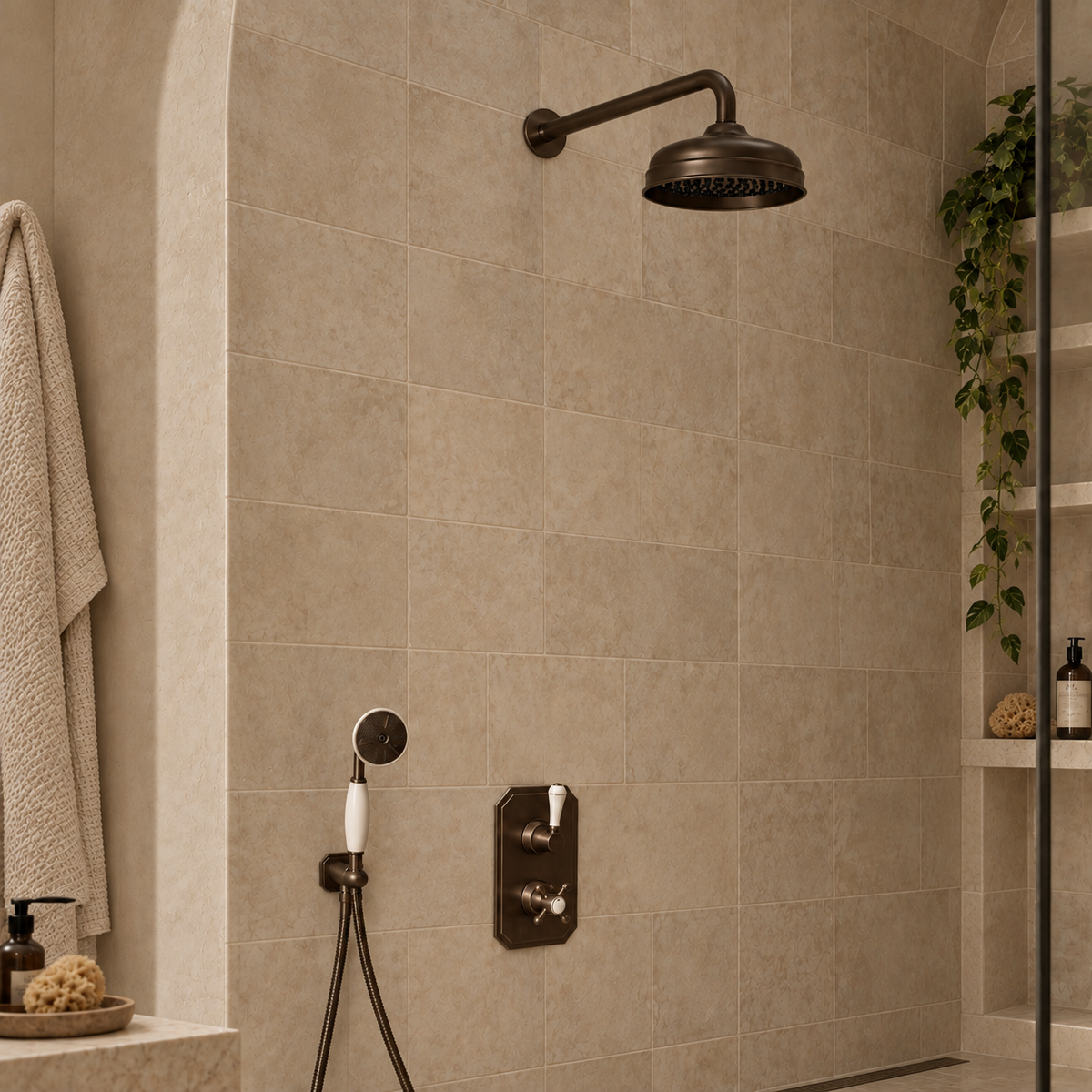 Wellington White Ceramic Lever & Cleaver Telephone Handset Concealed Thermostatic Shower Set - Rutland London (USA) 