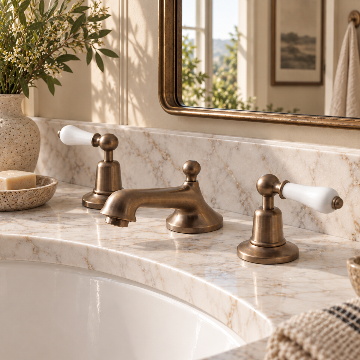 Westcroft White Ceramic Lever Three Hole Bathroom Sink Faucet - Rutland London (USA)