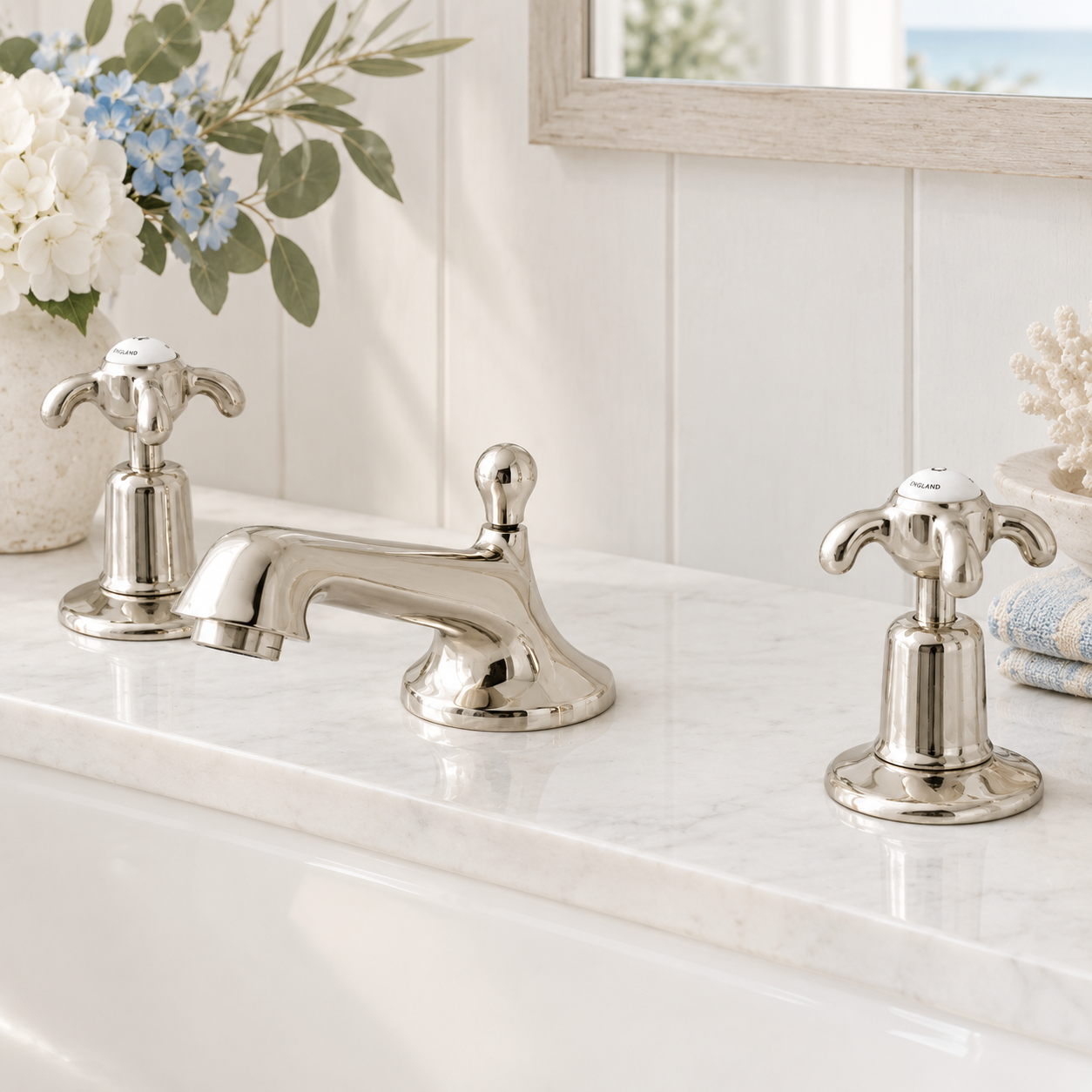 Westcroft White Ceramic Cross Handle Three Hole Bathroom Sink Faucet - Rutland London (USA)