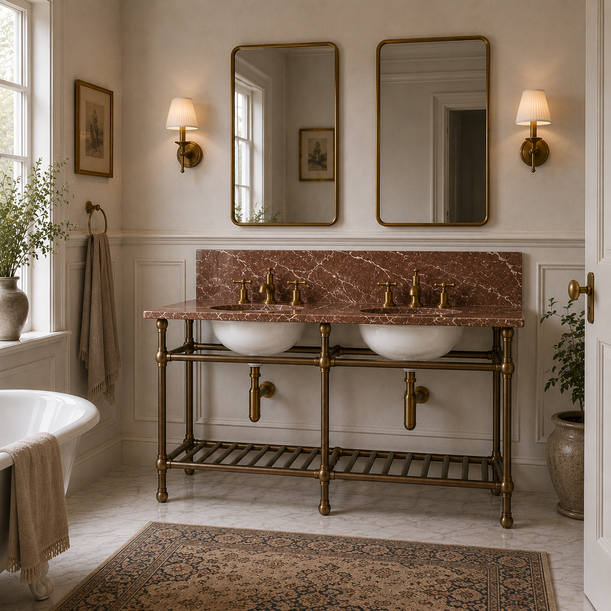 Westminster Double Brass Console Bathroom Sink (Inc. Marble Top, Upstand, Brass Rack & Sinks) - Rutland London (USA)