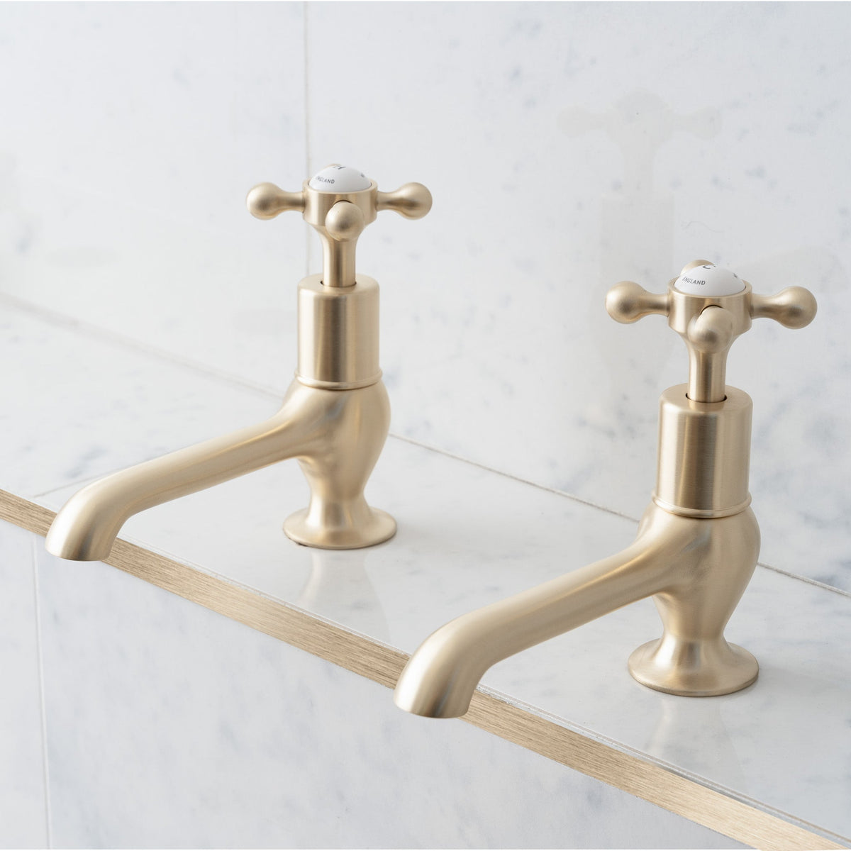 Grayling Long Nose White Ceramic Cross Handle Single Hole Pillar Tap Bathroom Sink Faucets (Pair) - Rutland London (USA)