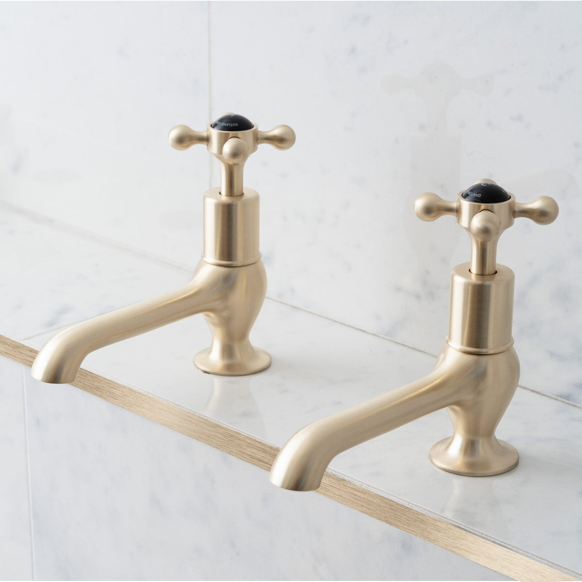 Grayling Long Nose Black Ceramic Cross Handle Single Hole Pillar Tap Bathroom Sink Faucets (Pair) - Rutland London (USA)
