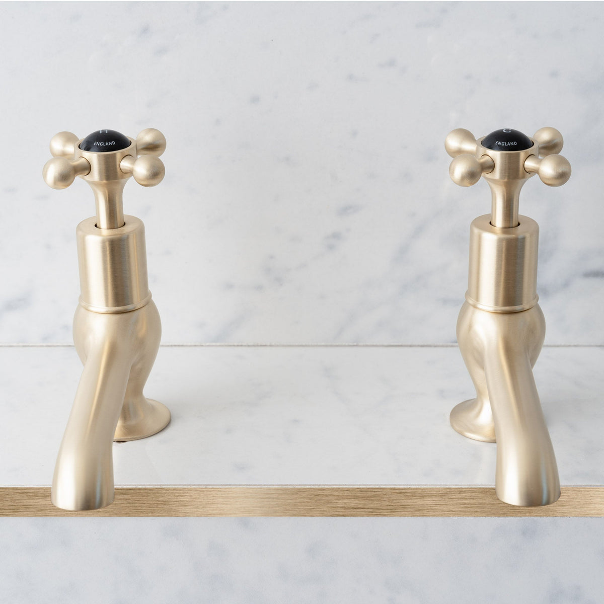 Grayling Long Nose Black Ceramic Cross Handle Single Hole Pillar Tap Bathroom Sink Faucets (Pair) - Rutland London (USA)